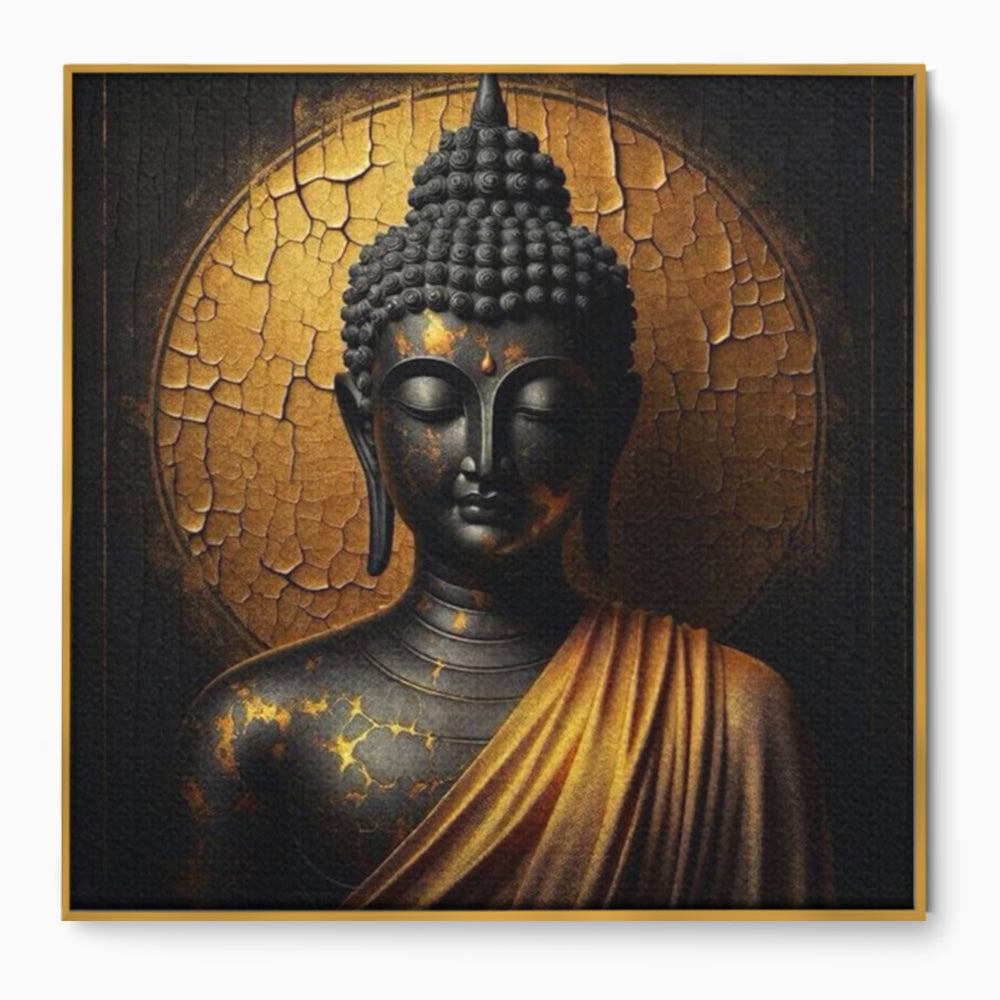 Tablou canvas cu tablou canvas cu portret buddha, in rama de aluminiu auriu